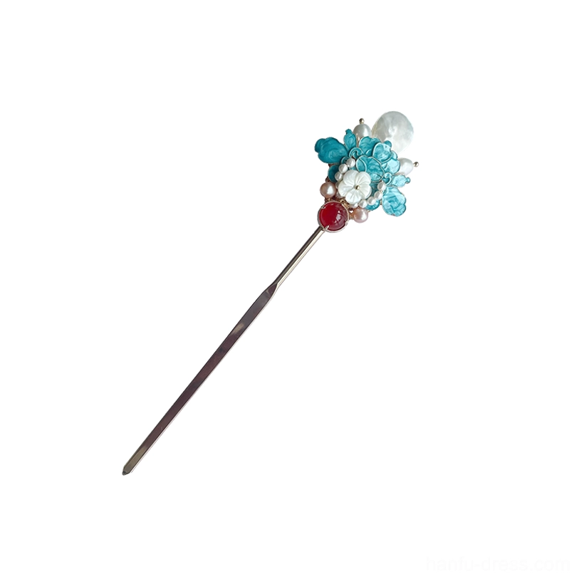 Minimalist single blue peony Chinese hair stick with a slim gold-tone shaft, compact floral ornament, small pearls, white shell petals, and red agate detail