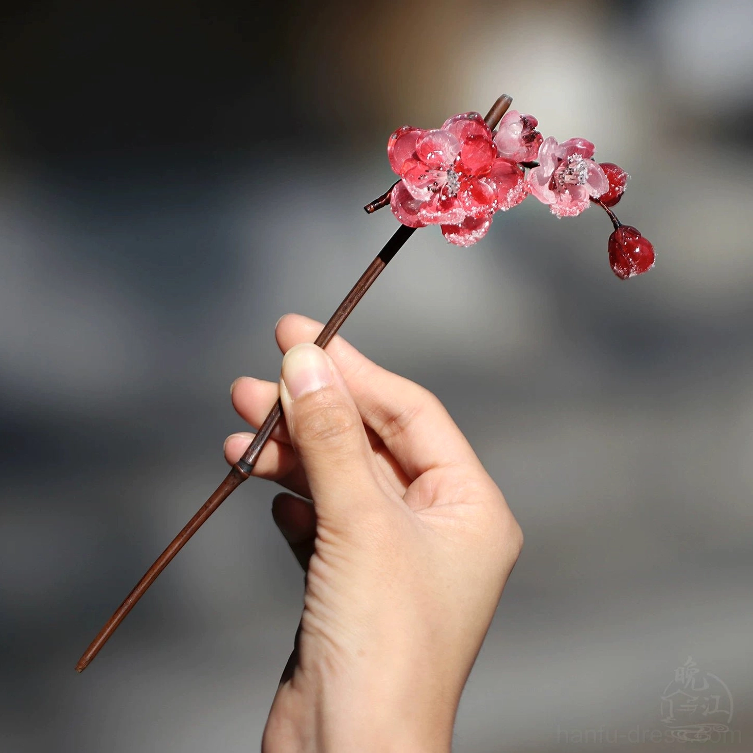 Minimalist dark brown Chinese hair stick decorated with pink red plum blossoms and buds for Hanfu hairstyle styling