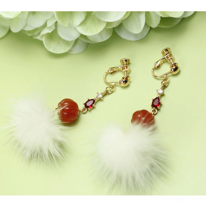 Comfort clip-on mink furball pumpkin bead Chinese earrings with gold clips red zircon accents and white fur pompoms
