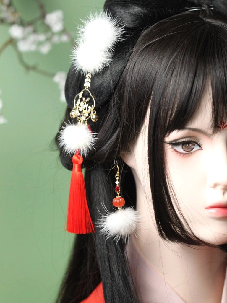 Mink furball pumpkin bead earrings styled with red and white Hanfu hair ornaments on a traditional Chinese fashion doll