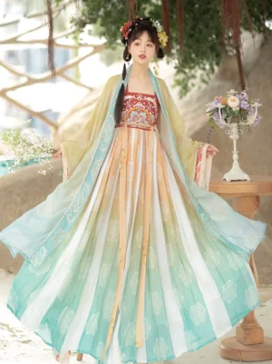 Mint green and apricot yellow Tang Dynasty Hanfu Heziqun dress with embroidered bodice, pleated skirt, and beige wide sleeve outer coat in a traditional garden setting