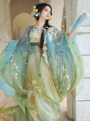 Mint Garden Tang Dynasty Hanfu Heziqun fairy dress set shown in a three-quarter front view with blue green yellow gradient layers, floral embroidery, and wide sleeves