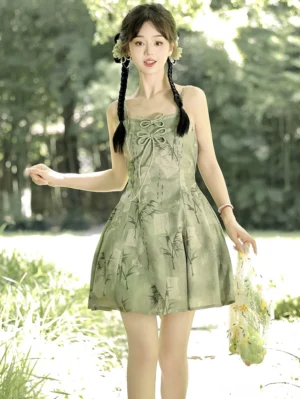 Mint green bamboo print Modern Hanfu summer slip dress with square neckline bow detail and high waist A line skirt