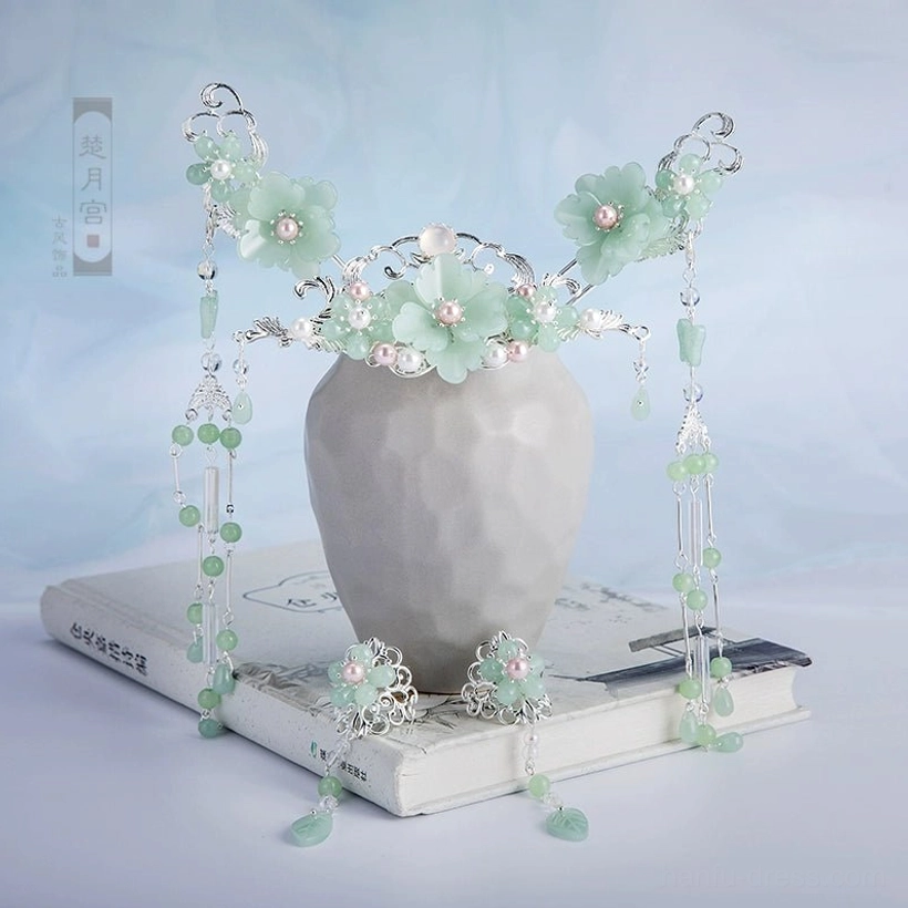 Complete mint green Hanfu hair accessories set with floral ornaments, silver-tone filigree, pink pearl-style flower centers, green beaded tassels, decorative crown, hair clips, and hair pins