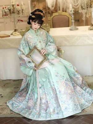 Mint green Ming Dynasty Hanfu two-piece outfit with embroidered collar pipa sleeves and patterned mamian skirt in a vintage banquet setting