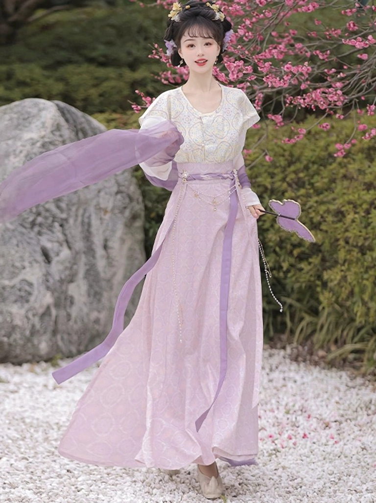 Purple Mirror Flower Ballad Tang Dynasty Hanfu set with round collar top patterned long skirt and purple waist styling