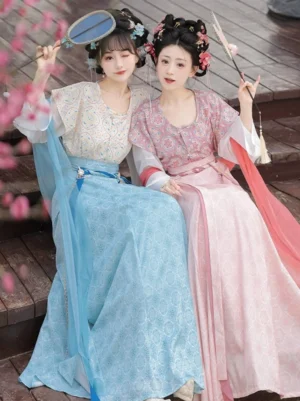 Mirror Flower Ballad Tang Dynasty Hanfu qiyao ruqun set shown on two models in blue and pink among cherry blossoms