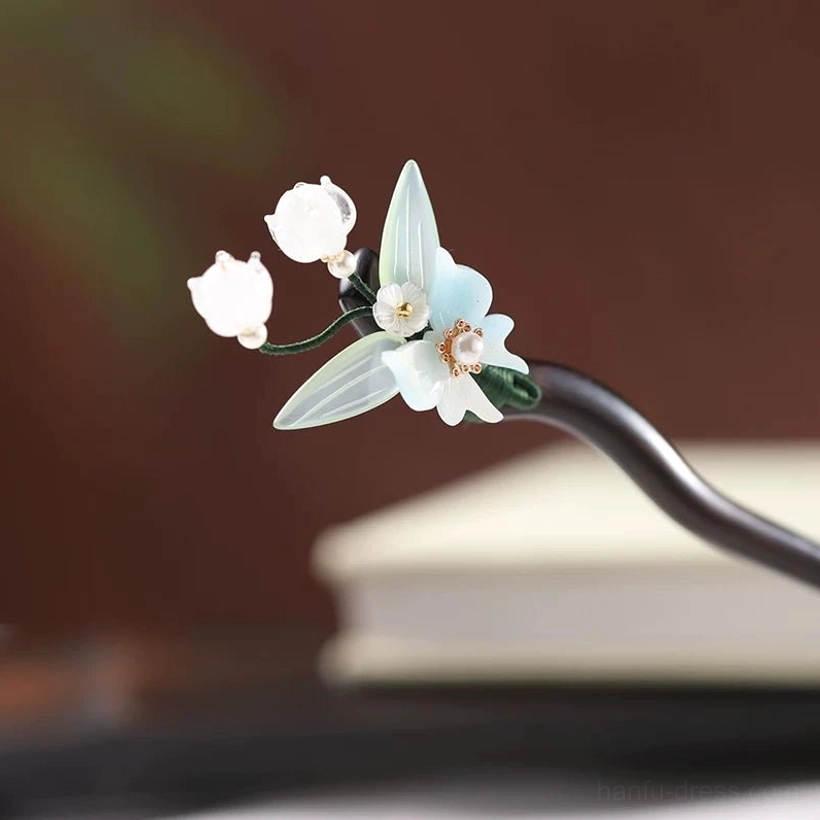 Handmade Chinese floral hair stick with two white lily of the valley bells and small blue orchid for Hanfu hair