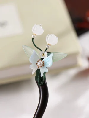 Missing You lily of the valley and blue orchid Chinese hair stick with dark wooden pin for Hanfu hairstyle