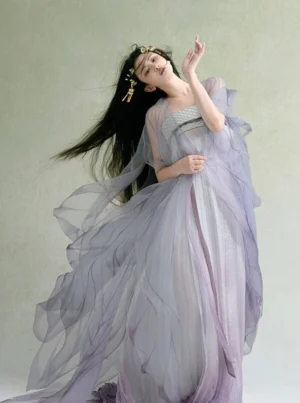 Mist Purple gradient Tang Dynasty Hanfu maxi dress with flowing chiffon shawl, sheer draped layers, and elegant ancient Chinese styling