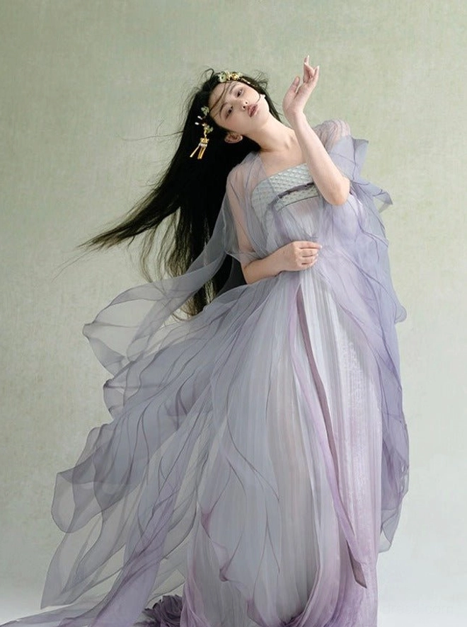 Mist Purple gradient Tang Dynasty Hanfu maxi dress with flowing chiffon shawl, sheer draped layers, and elegant ancient Chinese styling