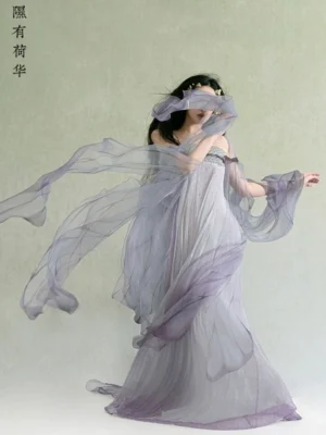 Full-length Mist Purple modern Tang-style Hanfu dress with pleated chiffon skirt, translucent shawl, and poetic Chinese-inspired styling