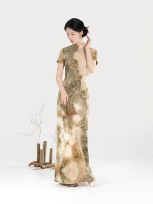Misty Green Hills modern Hanfu ink-wash qipao maxi dress front three-quarter view with short sleeves and misty green landscape print