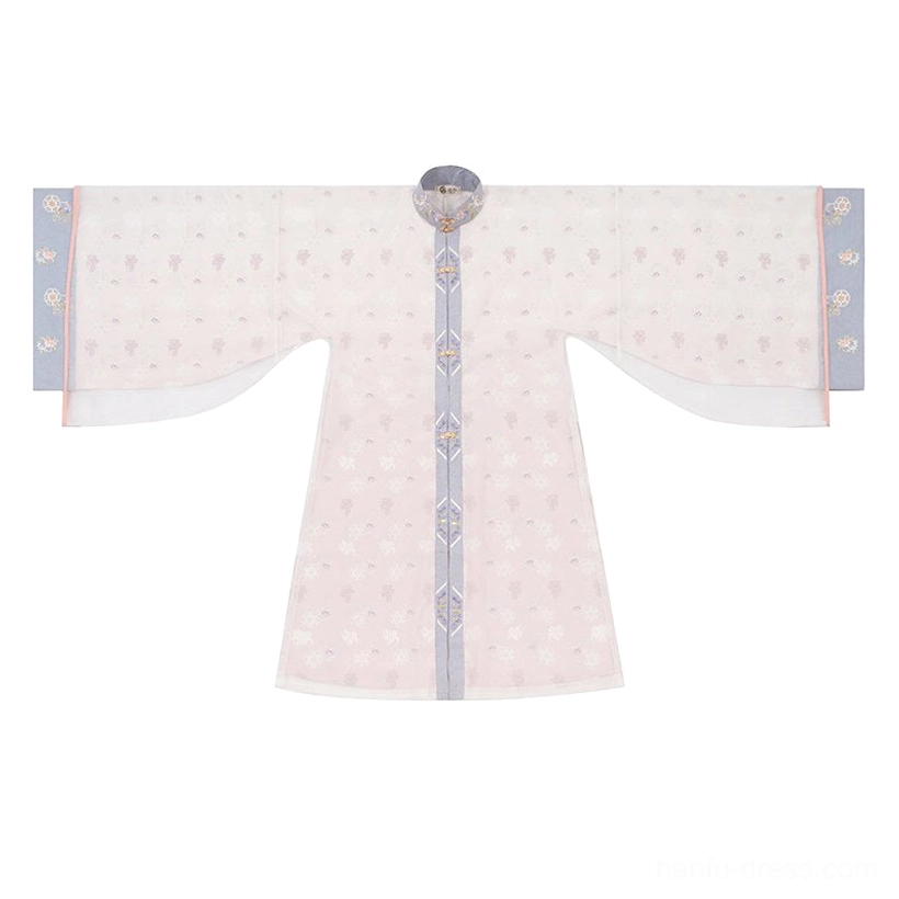 Flat lay of pale pink lilac Ming Dynasty Hanfu stand-collar robe with subtle floral print violet trim wide sleeves and frog buttons