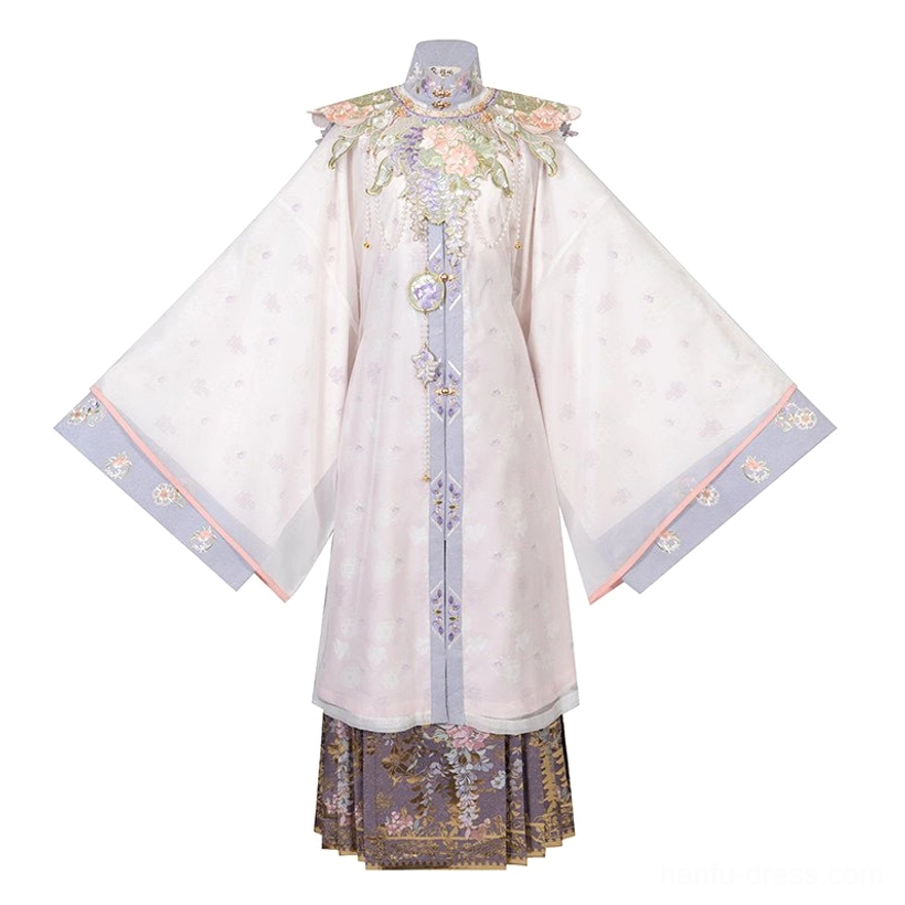 Mannequin display of Misty Vines Ming Dynasty Hanfu robe and violet mamian skirt full outfit with contrasting cuffs and placket