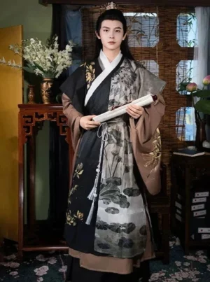 Mocha Lotus Pond Ming Dynasty Taoist robe hanfu for men shown from the front with ink wash lotus print, layered sleeves and tassel waist sash