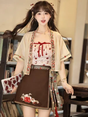 Front full-body view of a modern Chinese Hanfu three-piece set with beige embroidered cropped cardigan, red apple print camisole, and short wrap skirt