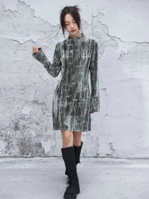 Full-length modern Chinese style Hanfu velvet dress with tonal bamboo print stand collar long sleeves and black combat boots
