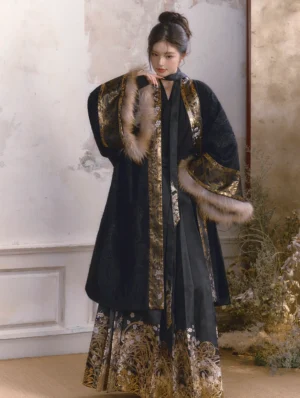 Full body side view of a woman wearing a black modern Chinese Hanfu coat with wide sleeves, gold floral trim, removable fur cuffs, and a coordinated Hanfu outfit
