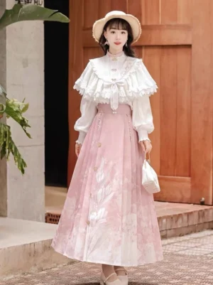 Full-body front view of a modern Chinese Hanfu skirt set with a white ruffled blouse, pink floral mamian horse-face skirt, straw hat, and romantic vintage courtyard styling