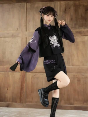 Modern Chinese Hanfu-inspired outfit with purple pipa sleeves, embroidered black shorts, layered necklaces, fishnet knee-high socks, and leather loafers