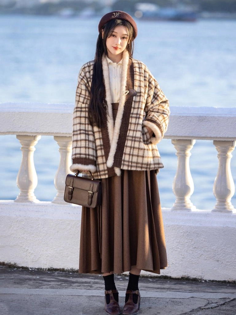 Full side view of modern Chinese hanfu outfit with plaid coat pleated wrap skirt loafers and vintage crossbody bag