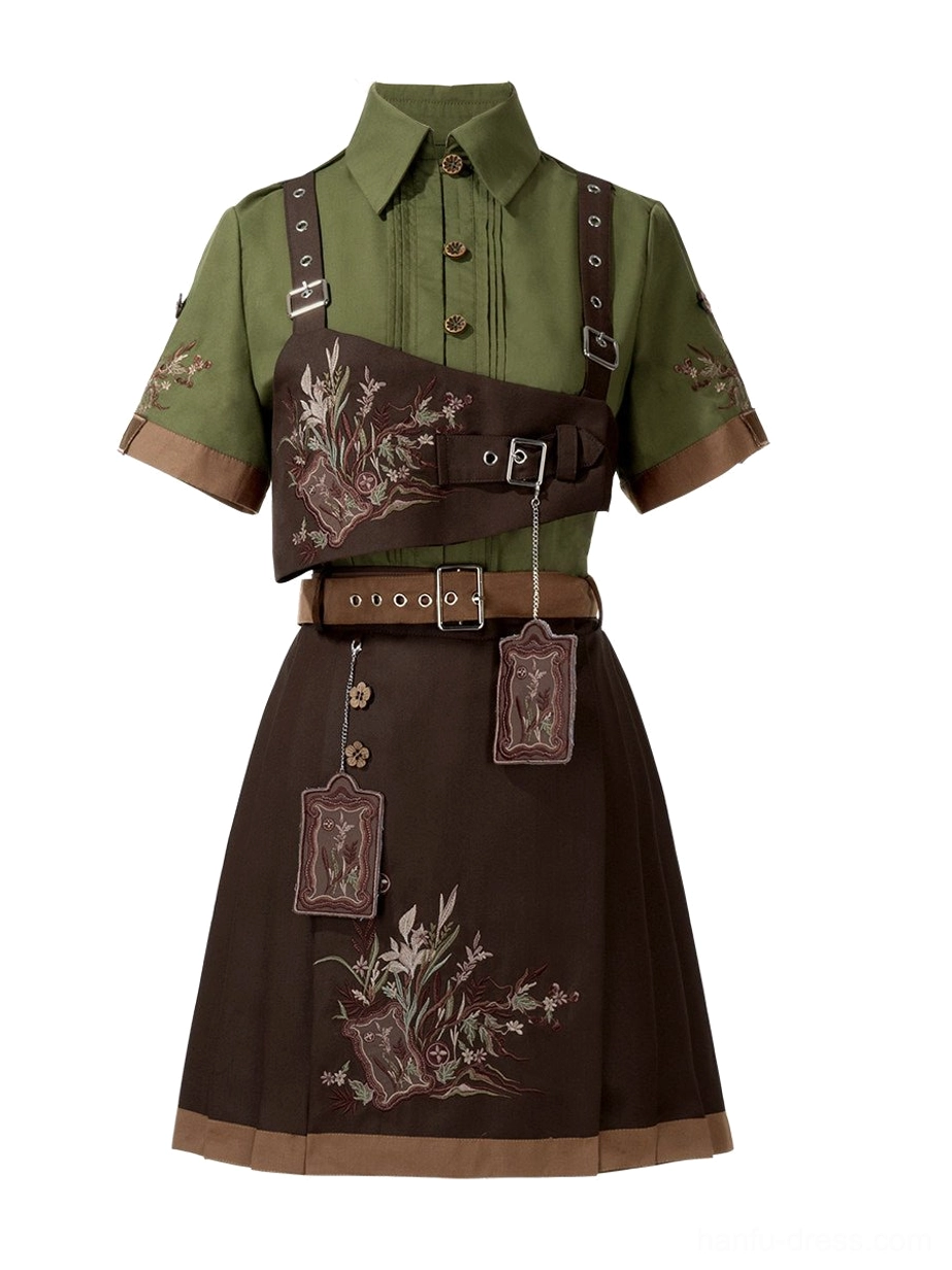 Flat lay view of a modern Chinese hanfu set showing the army green shirt, brown suspender layer, pleated mamianqun skirt, unified embroidery, and coordinated accessories