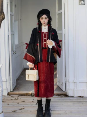 Full-body view of a modern Chinese New Year Hanfu dress with black cropped jacket, red wrap skirt, black ankle boots and mini handbag