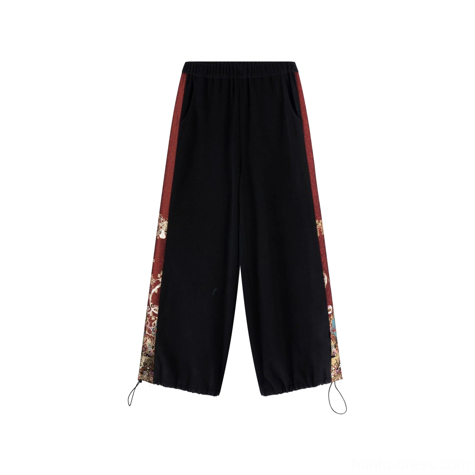 Modern Chinese New Year Hanfu pants outfit with embroidered wide-leg trousers, red tassel details, and traditional jacket trims