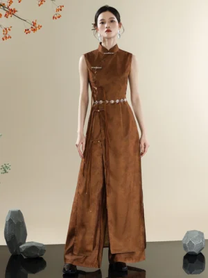Front view of modern Chinese style qipao Hanfu two-piece outfit with brown jacquard cheongsam tunic, decorative waist chain, and matching wide-leg trousers