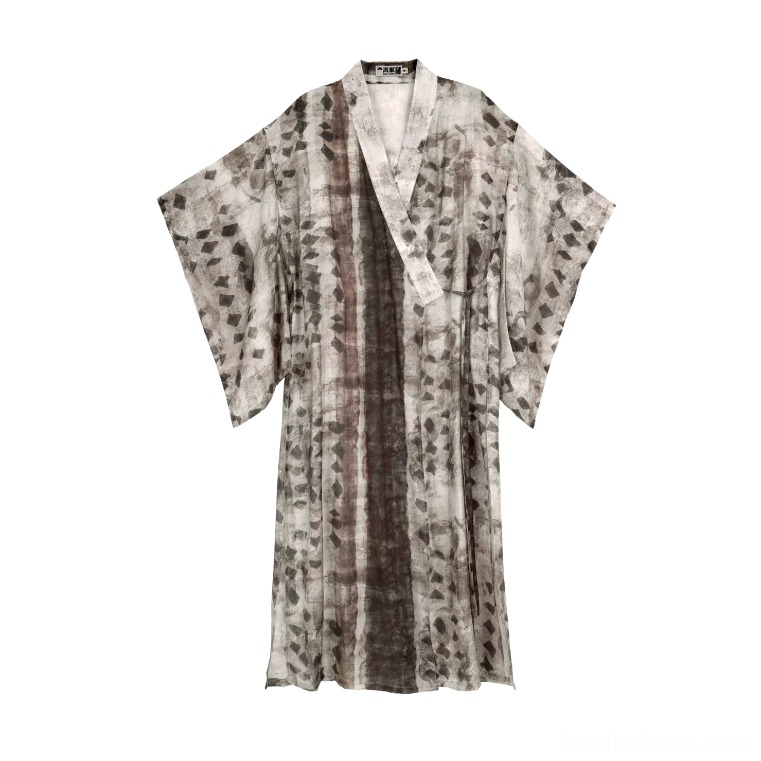 Flat lay view of modern Chinese style Hanfu cardigan showing cross V neckline, oversized bell sleeves, hidden side ties, and side split hem