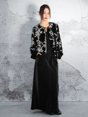 Front view of a modern Chinese-style Hanfu embroidered velvet cropped jacket with collarless neckline, full floral embroidery, and relaxed fit