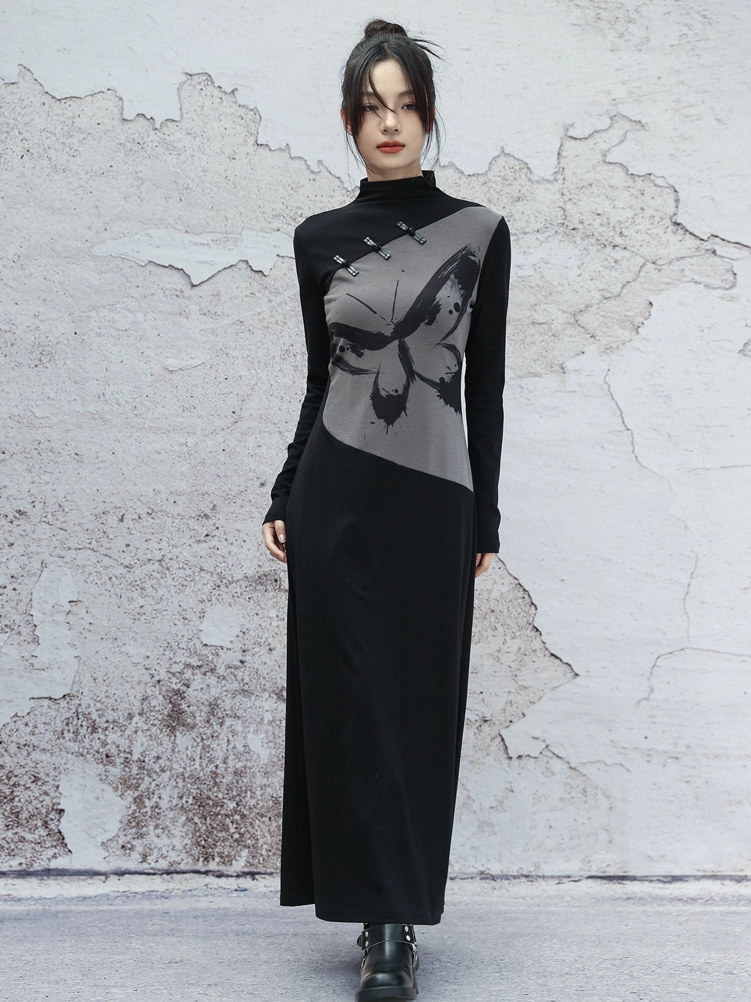 Full length modern Chinese style Hanfu dress in black with grey ink butterfly print asymmetric panel and long sleeves