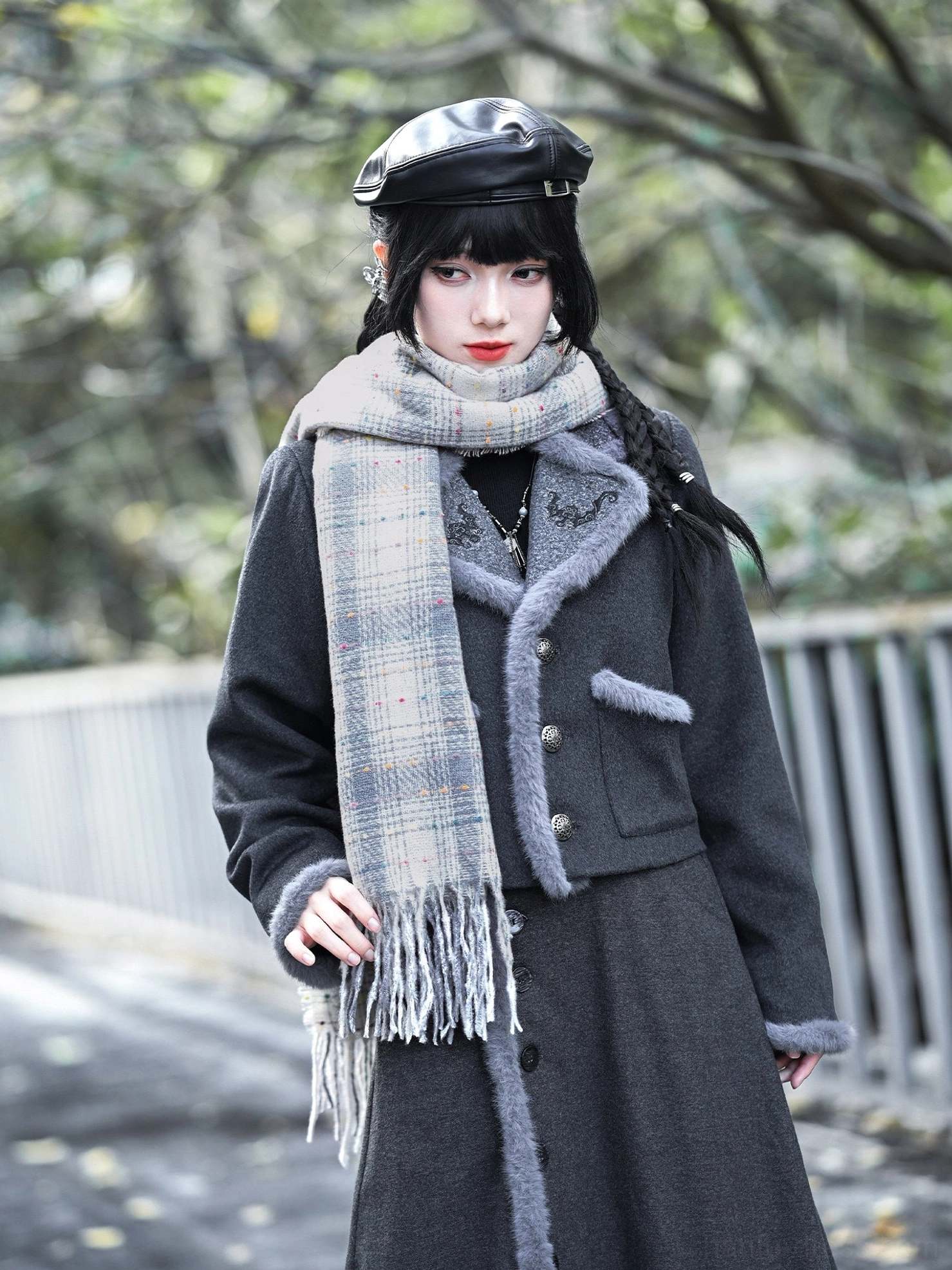 Modern Chinese-style dark grey wool jacket with lucky bat collar embroidery styled with a neutral plaid tassel scarf and vintage accessories