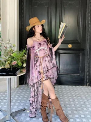 Modern Chinese style purple ink floral slip dress with off-shoulder ruffles, corset-inspired waist, layered sheer sleeves, and high-low hem styled by a retro black door
