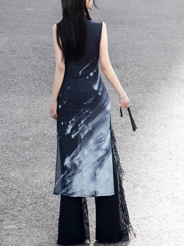 Full rear view of the modern Chinese style sleeveless cheongsam dress with continuous galaxy print, minimalist back, and sheer lace hem detailing