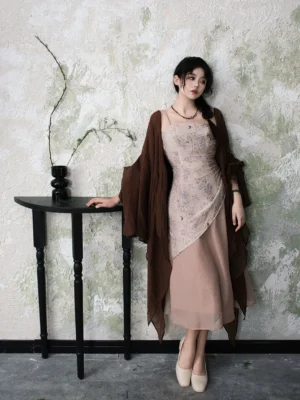 Front view of a modern Chinese style wabi-sabi Hanfu dress with flowing brown cardigan and muted artistic print
