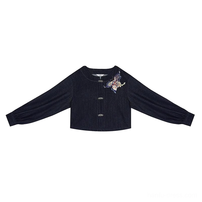 Flat lay of modern denim Tang Dynasty Hanfu cropped jacket with lantern sleeves frog fasteners and floral bird embroidery