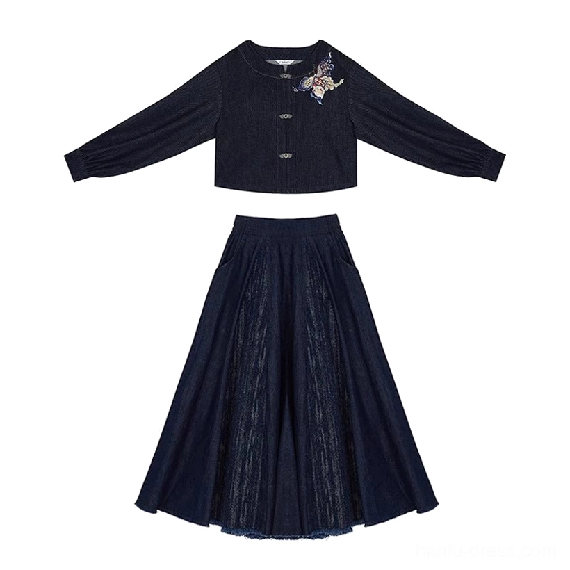 Flat lay of modern denim Tang Dynasty Hanfu full set with embroidered cropped jacket and high-waisted eight-panel skirt