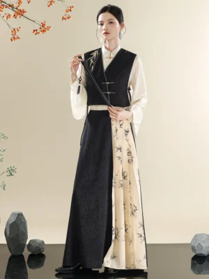 Full-body front view of a modern hanfu bamboo embroidered black vest beige blouse and contrast long skirt set in an oriental studio