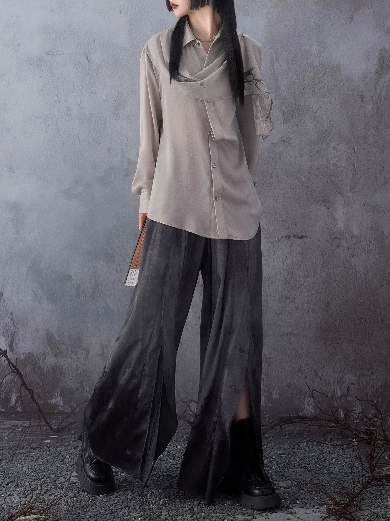 Modern Hanfu bamboo leaf long sleeve shirt showing asymmetric collar drape and relaxed gray silhouette