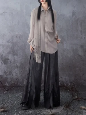 Modern Hanfu bamboo leaf asymmetrical drape long sleeve shirt front view styled with ink wash wide leg trousers