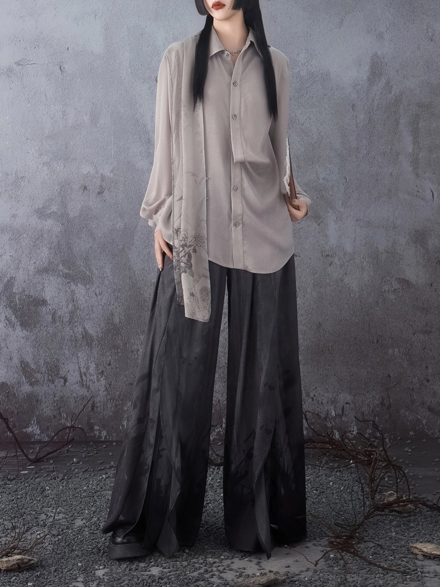Modern Hanfu bamboo leaf asymmetrical drape long sleeve shirt front view styled with ink wash wide leg trousers