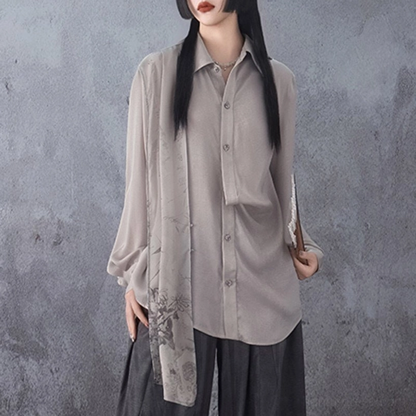 Modern Hanfu bamboo leaf asymmetrical drape long sleeve shirt close front view with turn-down collar and printed overlay