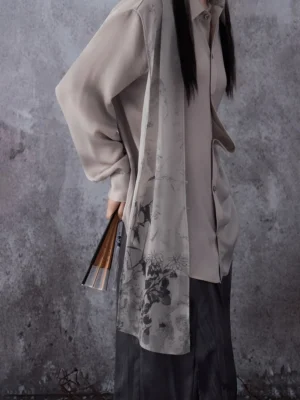Side back view of modern Hanfu gray drape shirt with flowing ink botanical print panel and lantern sleeves