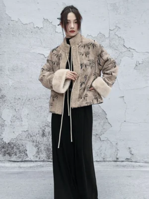 Front full-body view of a modern Hanfu bamboo leaf plush jacket in khaki with black bamboo print, fuzzy off-white collar and cuffs, and adjustable lace-up front