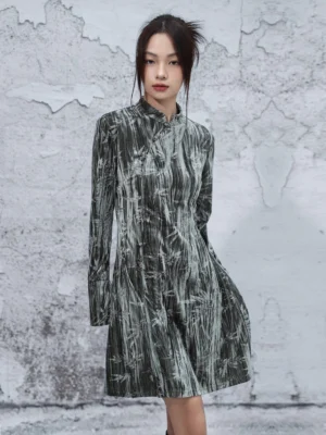Front view of a modern Hanfu crushed velvet A-line dress with stand collar long sleeves and muted grey green bamboo watercolor print