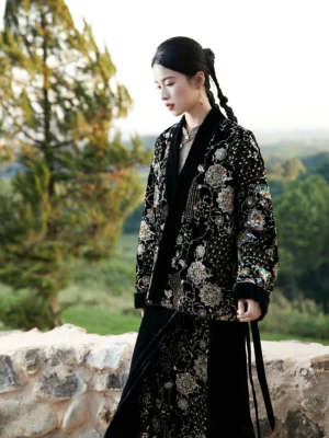 Side view of black modern Hanfu beaded embroidered wool-padded jacket and velvet wrap skirt worn outdoors beside a stone wall and pine tree