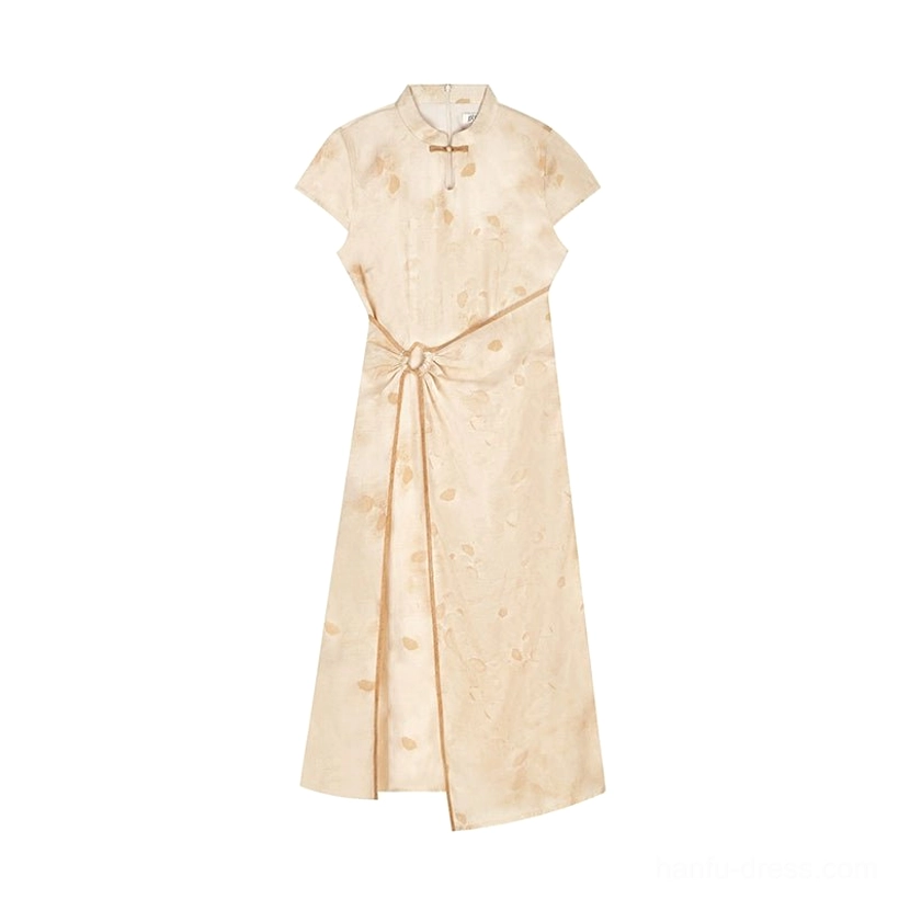 Flat lay of modern Hanfu beige floral qipao maxi dress with cap sleeves, frog closure and asymmetrical hemline