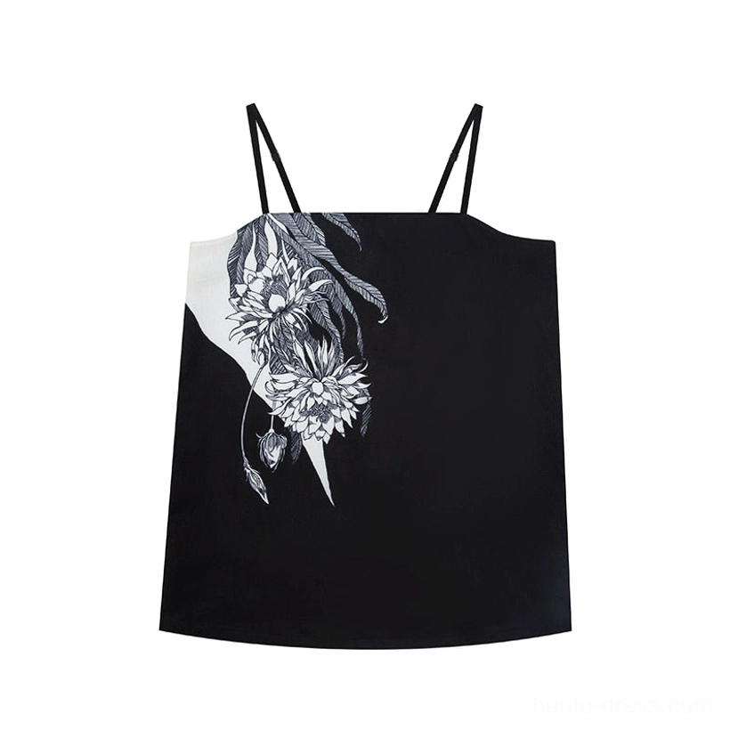 Flat lay view of the black camisole inner top with square neckline, thin straps, and subtle black and white ink floral chest print
